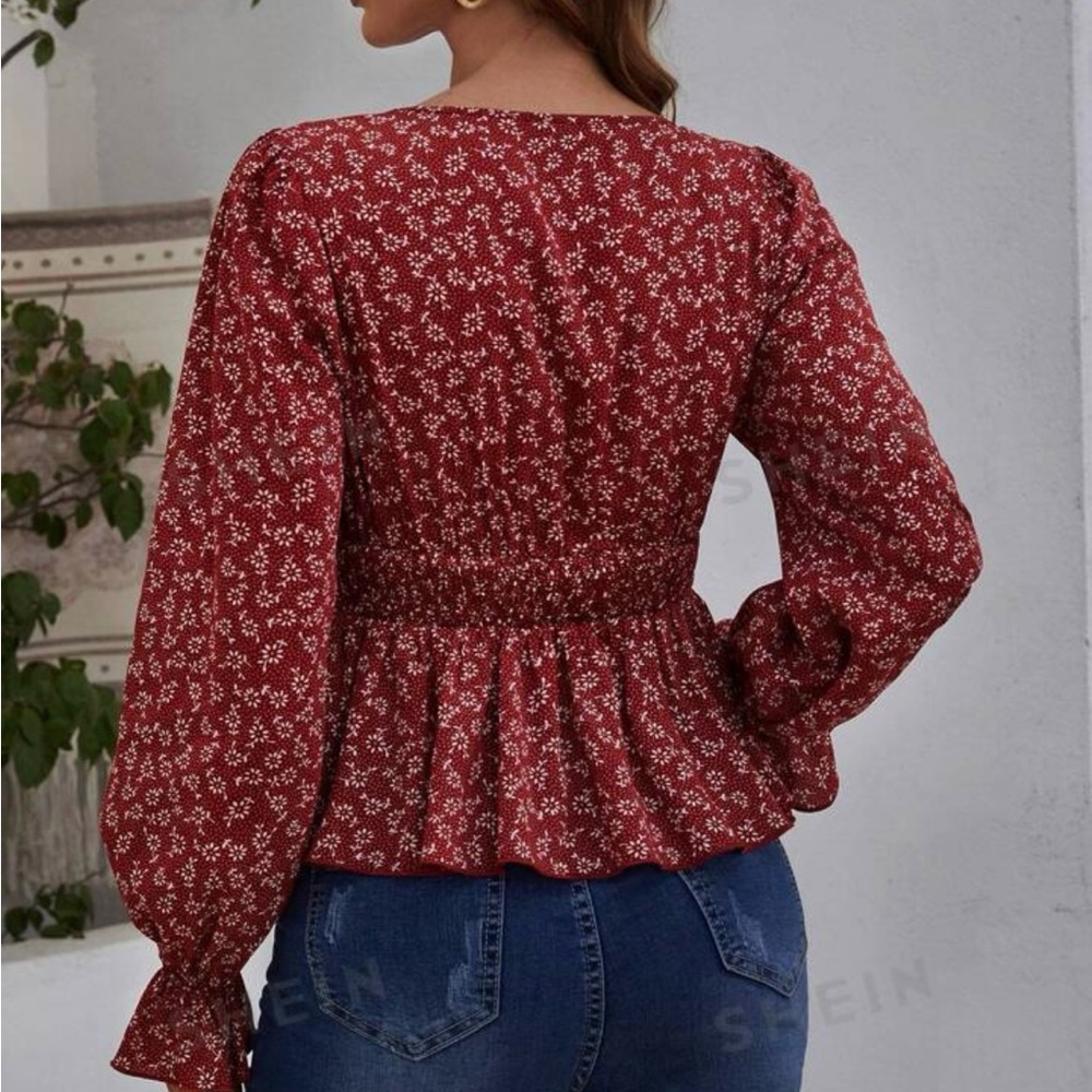 SHEIN Womens Top Boho  V Neck Floral Size L Long Sleeve Ruffle Hem, Shirred, - Picture 2 of 13
